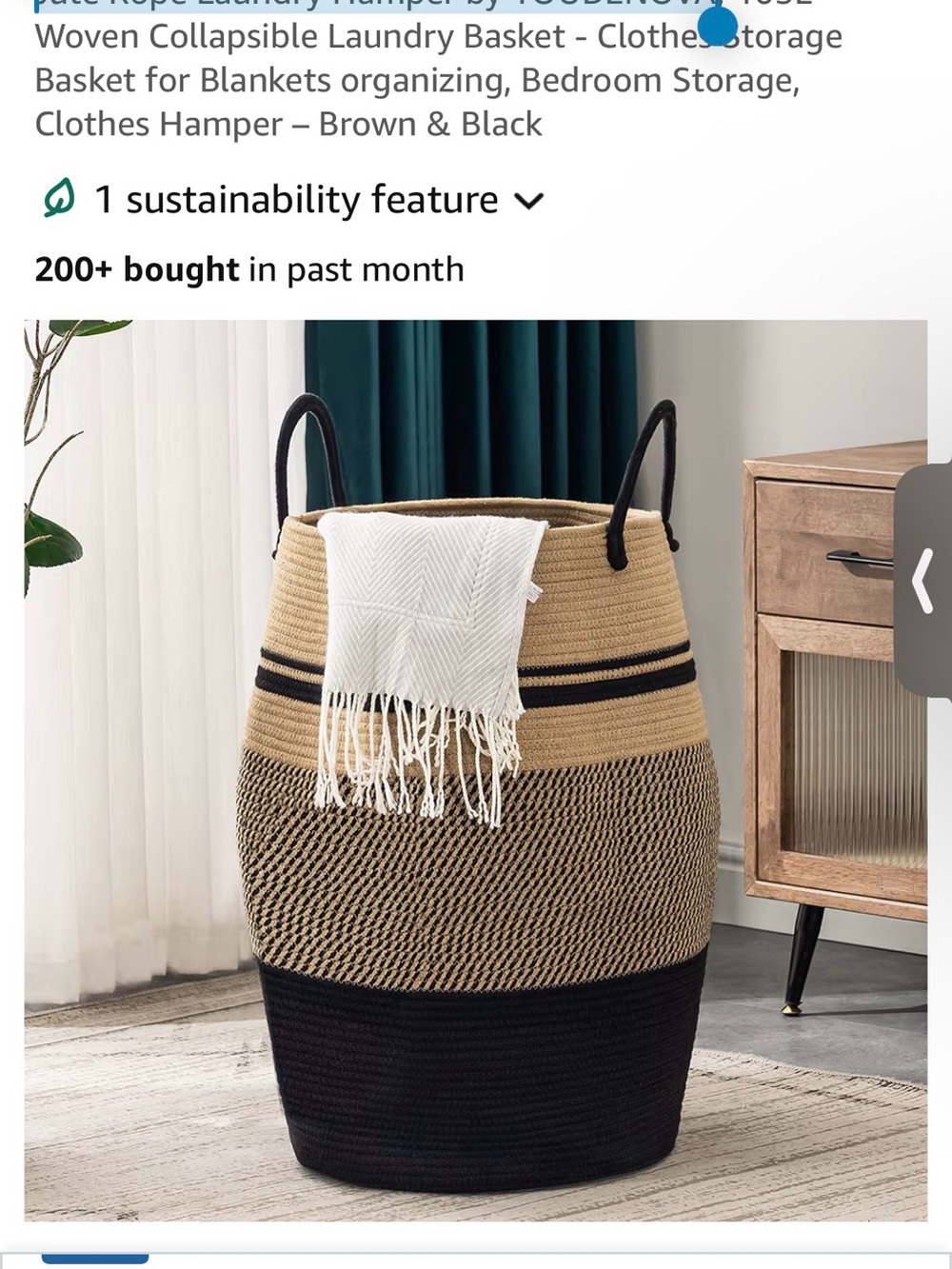 Woven Rope Laundry Basket - Black & Brown Collapsible Home Accent